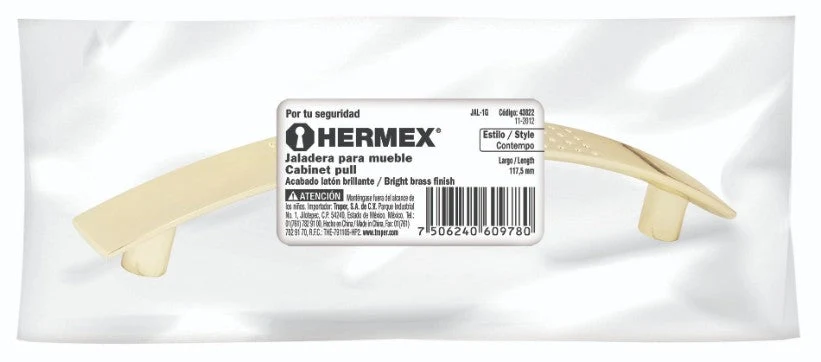 Hermex JAL-0122 Jaladera, latón brillante, estilo Contempo, 128 mm