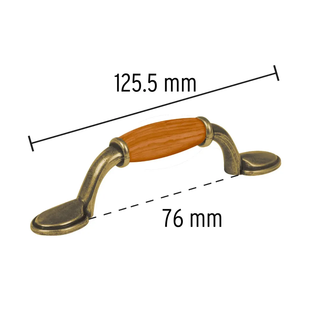 Jaladera metálica de 76mm latón antiguo, inserto tipo madera Hermex