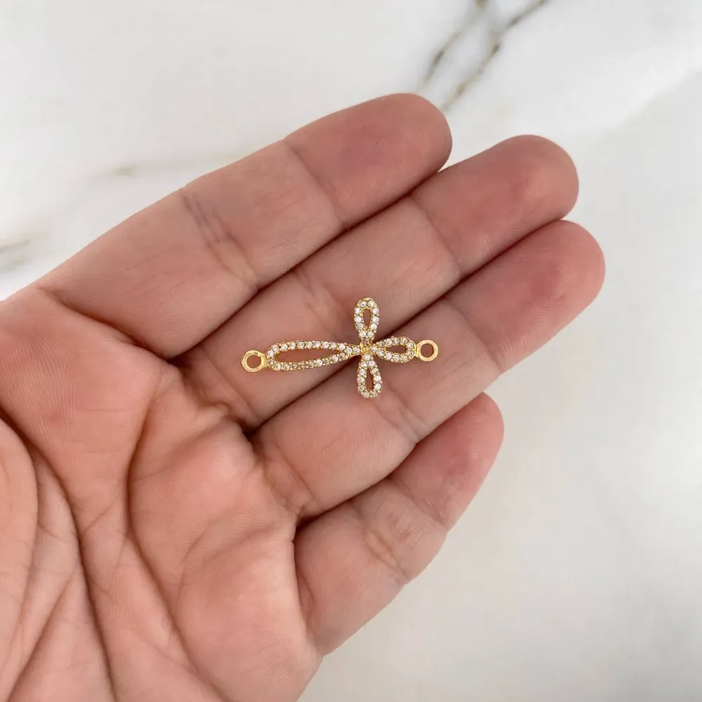 Herraje Cruz 1.25gr / 2.8cm / Circones Blancos Oro Amarillo 18K &