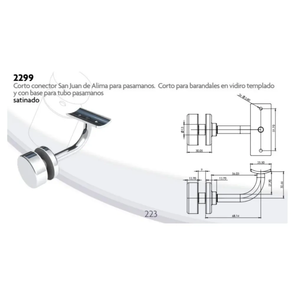 Soporte Vidrio Tubo de Pasamanos de 2" de Acero Inoxidable Herralum HERRALUM 2299000SA