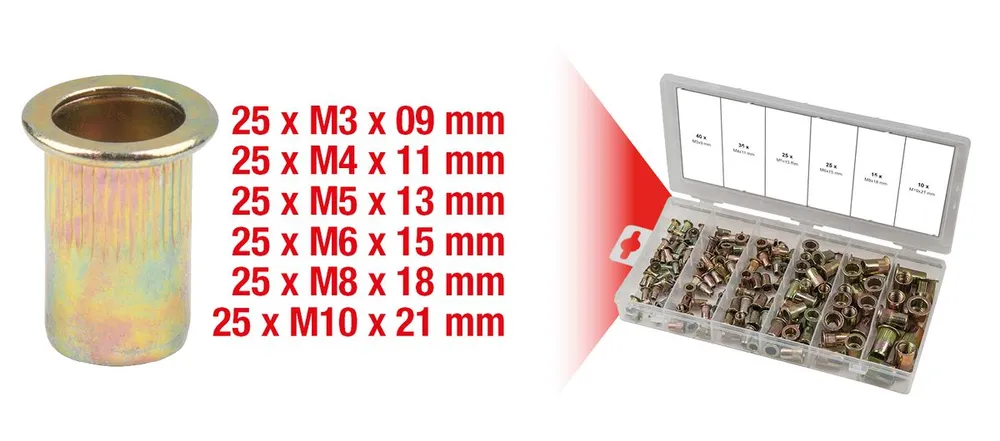 KS TOOLS Surtido de remaches de rosca de acero, M3x9mm-M10x21mm, 150 pzs ( 970.0610 )