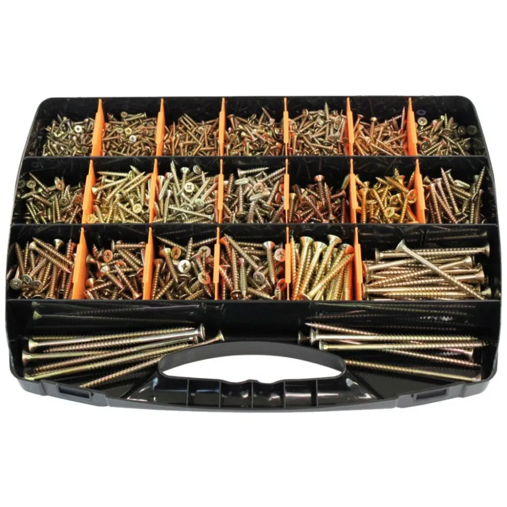 Maletín surtido + de 1.000 tornillos para madera aglomerado, o tacos… Bicromatado con huella PZ pozidrive. DIN 7505-.