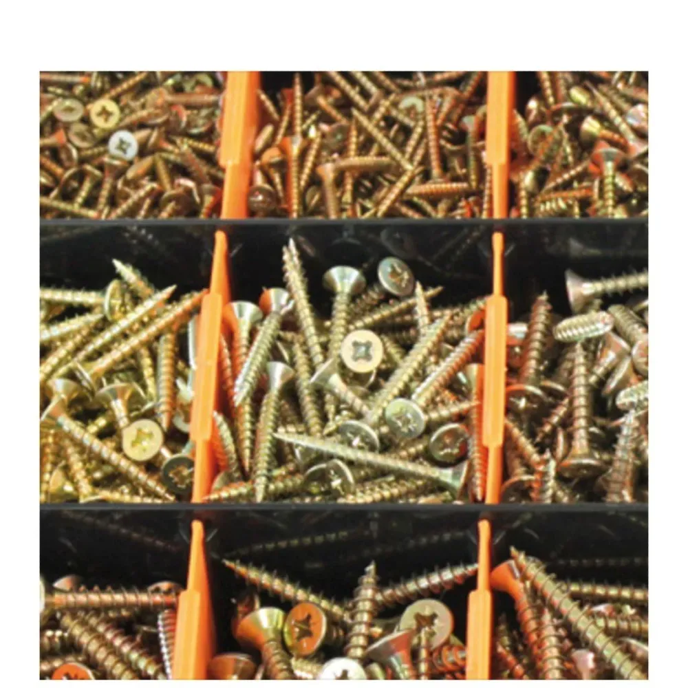 Maletín surtido + de 1.000 tornillos para madera aglomerado, o tacos… Bicromatado con huella PZ pozidrive. DIN 7505-.