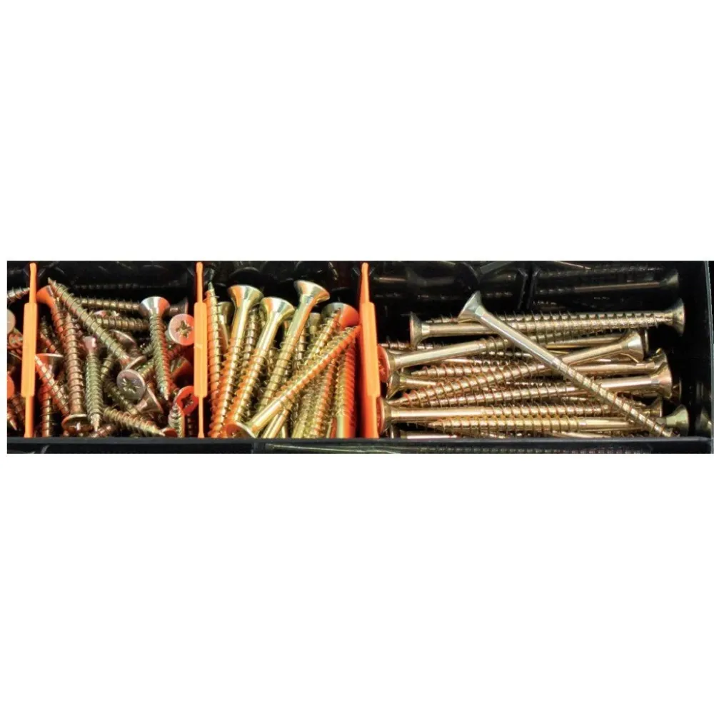 Maletín surtido + de 1.000 tornillos para madera aglomerado, o tacos… Bicromatado con huella PZ pozidrive. DIN 7505-.