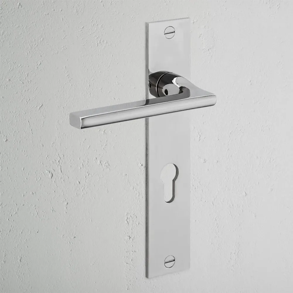 Manilla para puertas Clayton con placa larga (con muelle) y cerradura europea - Níquel pulido