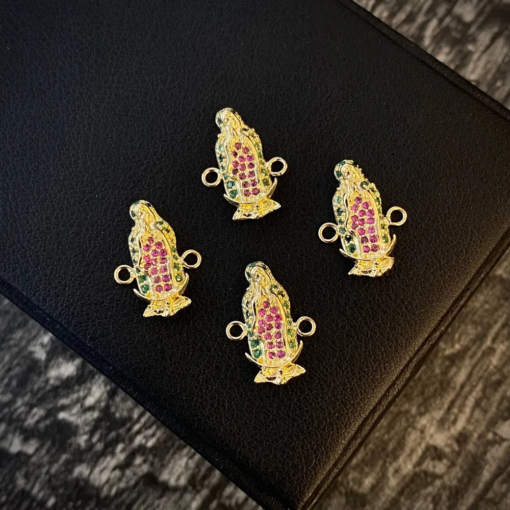 Herraje Virgen de Guadalupe 1.6gr/1.3cm Silueta Circones Verdes Fucsias Oro Amarillo* Oro Nacional