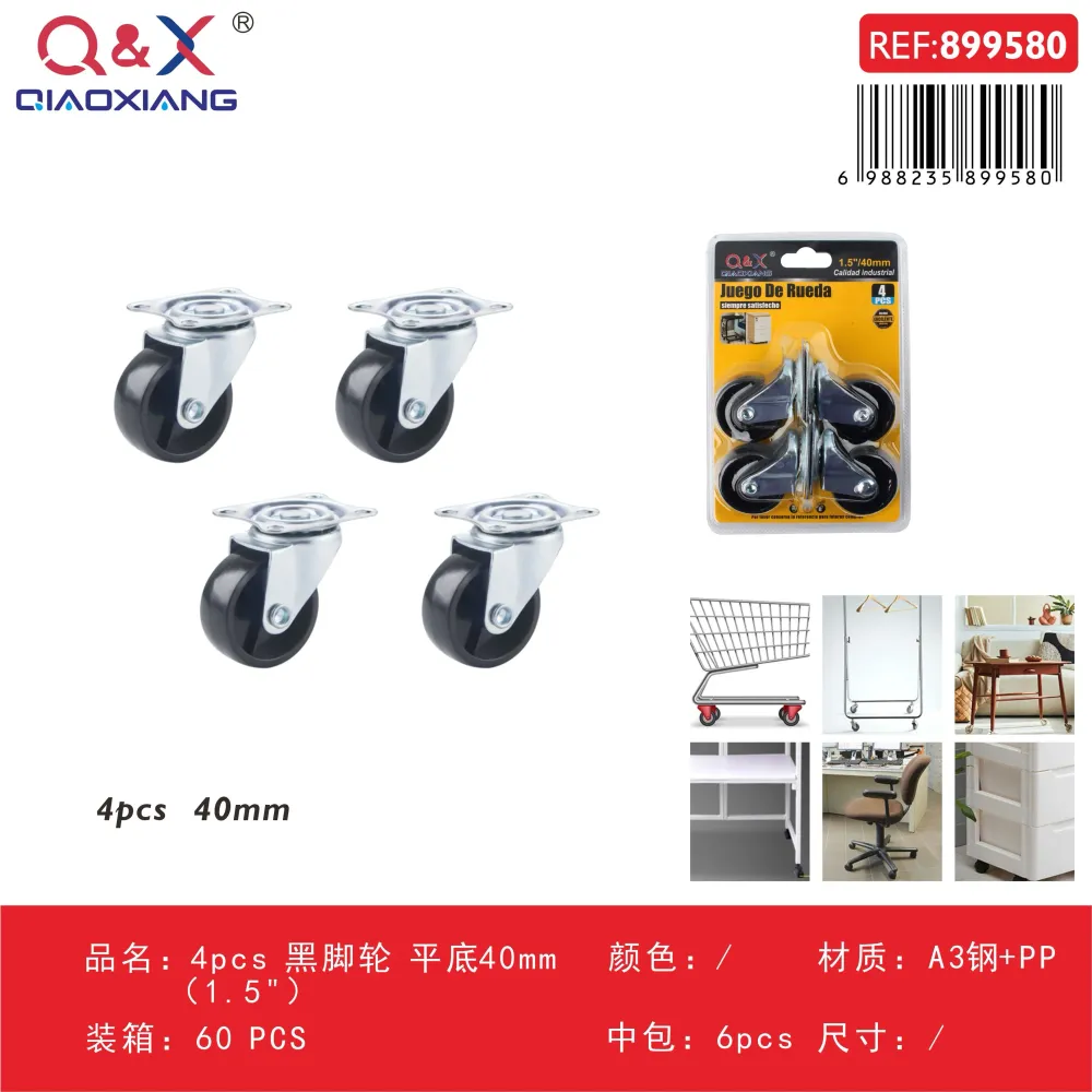 4 pcs rueda negra base plana 40 mm (1,5Pulgada) Q&X
