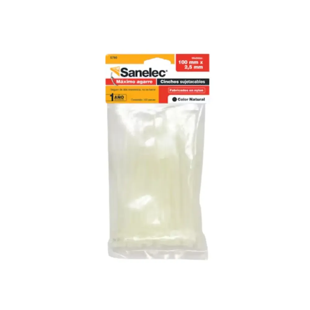 Paquete 100pz Cinchos Plasticos Sanelec 5780 2.5mm x 100mm Color Natural