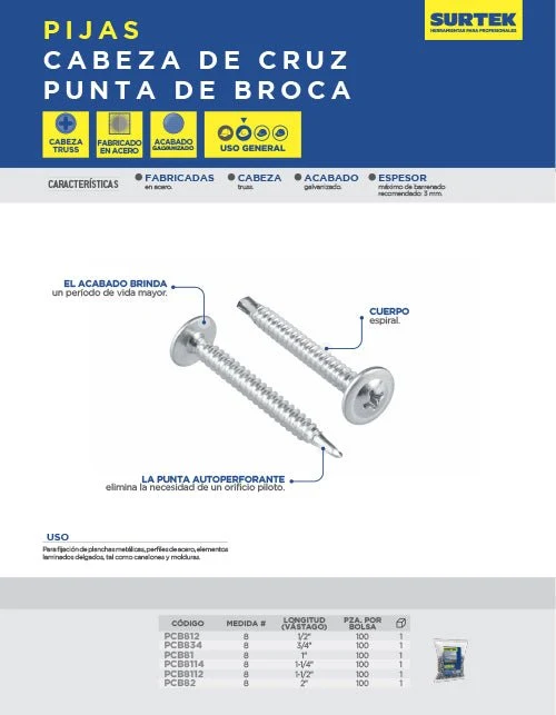 Pija cabeza de cruz con punta de broca, Surtek.