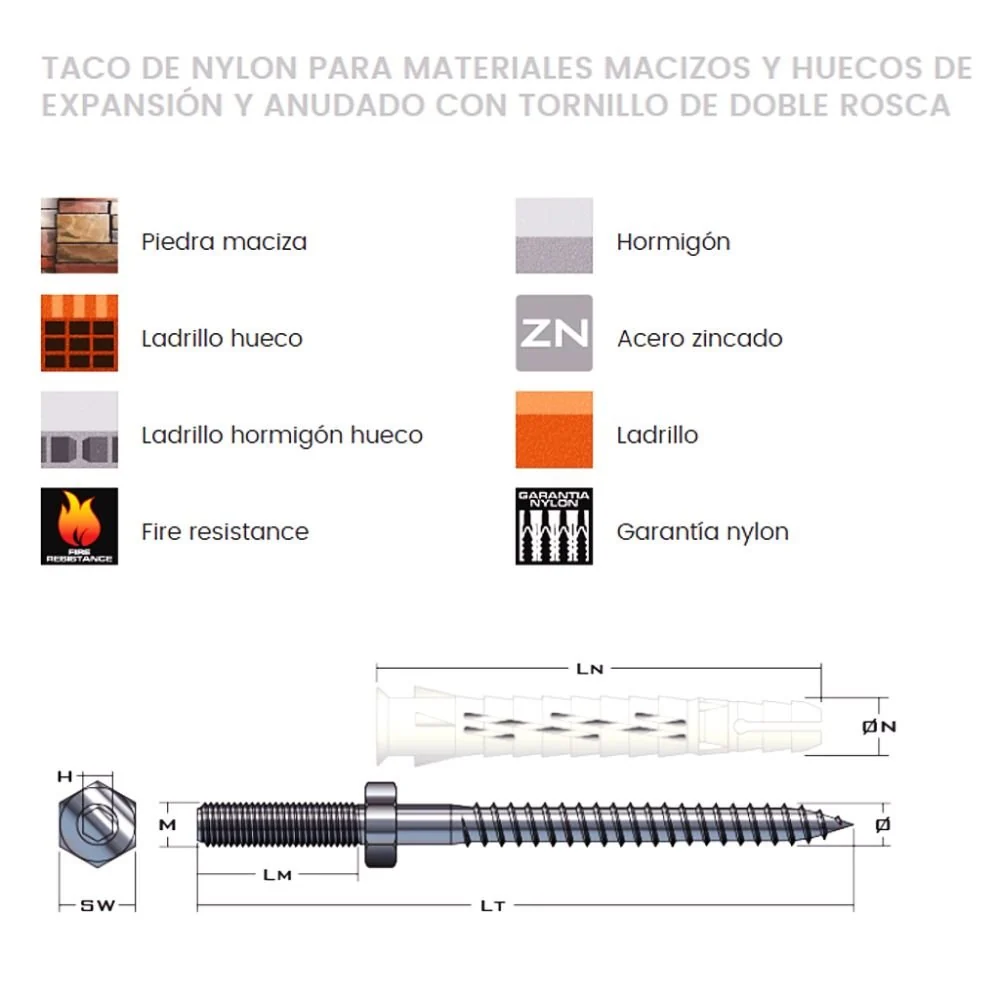 Tacos de nylon nudo + tornillos doble rosca (Caja 100 unidades)