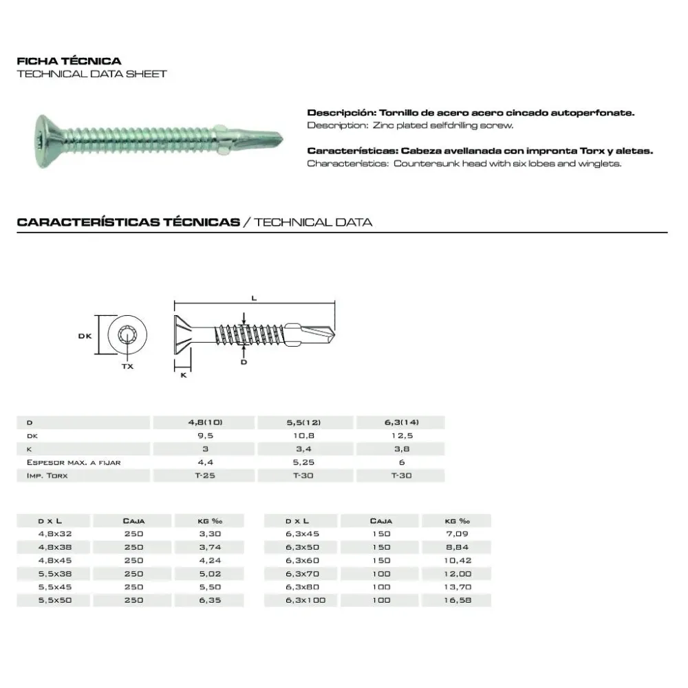 Tornillo alas autotaladrante para la unión de madera con metal (100 unidades)