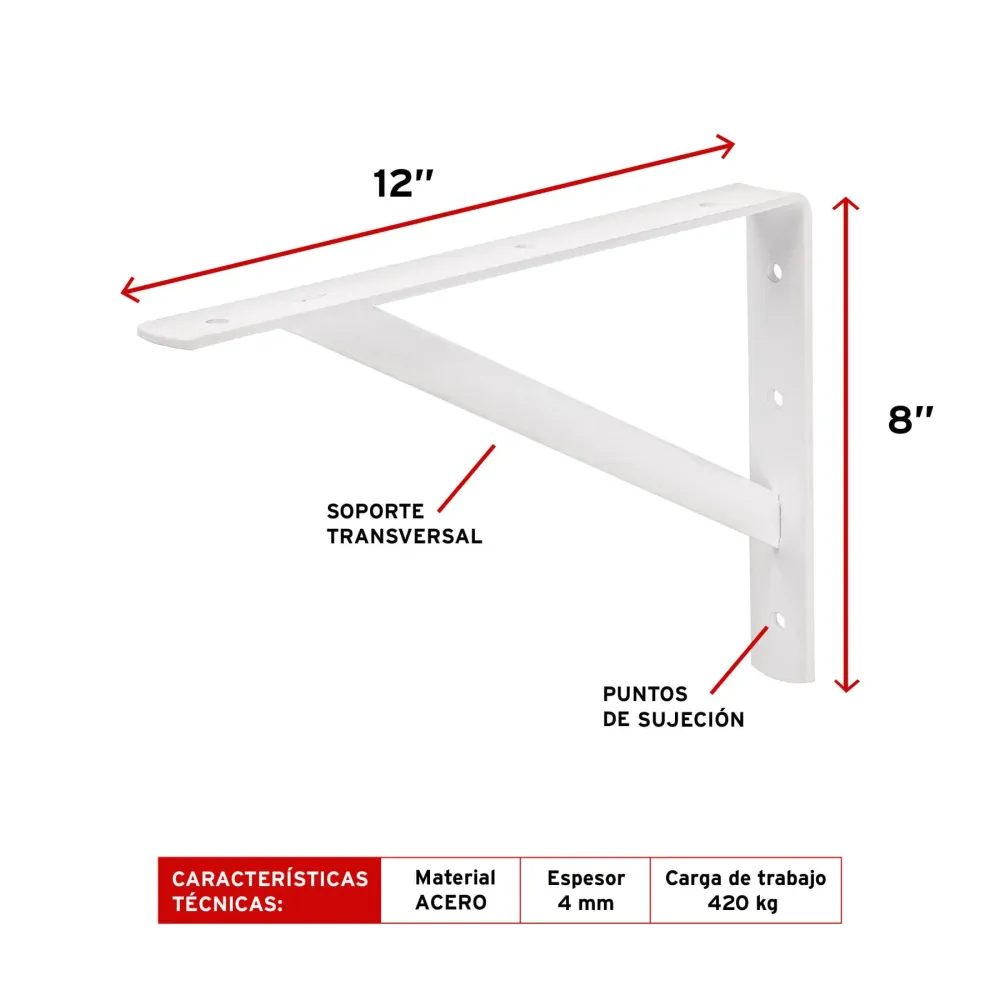 Escuadra Estante Reforzada Blanca 8"x 12" Truper Mer-12b