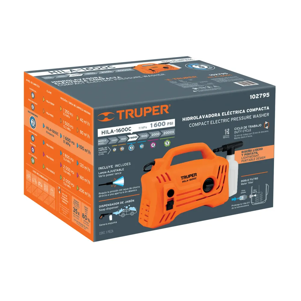 Hidrolavadora eléctrica compacta 1600 PSI, Truper