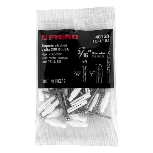 Kit De 20 Tarugos 3/16 C/Tornillos #6 Y 1 Broca 3/16 (40158) Fiero TRUPER
