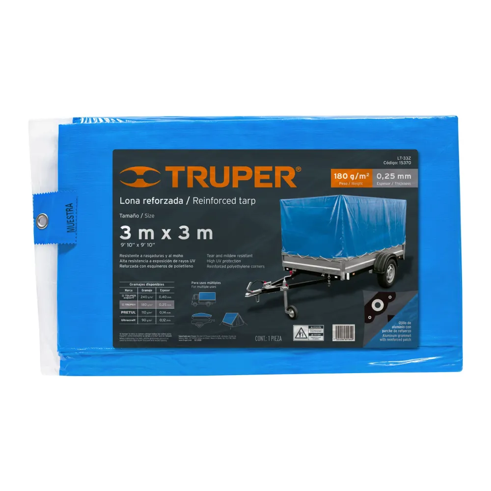 Lona de polietileno reforzada 3 x 3 m, azul, 180g/m2, Truper