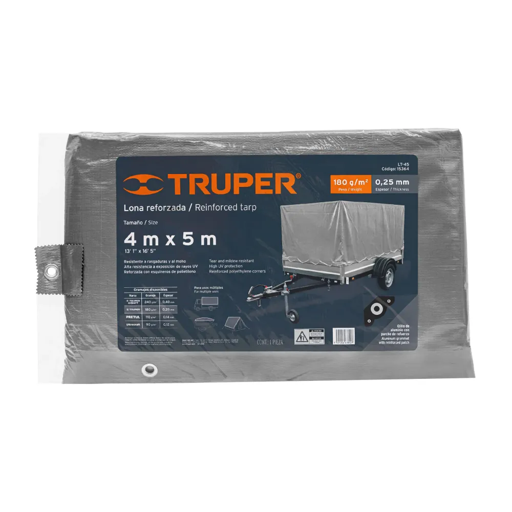 Lona de polietileno reforzada 4 x 5 m, gris, 180g/m2, Truper