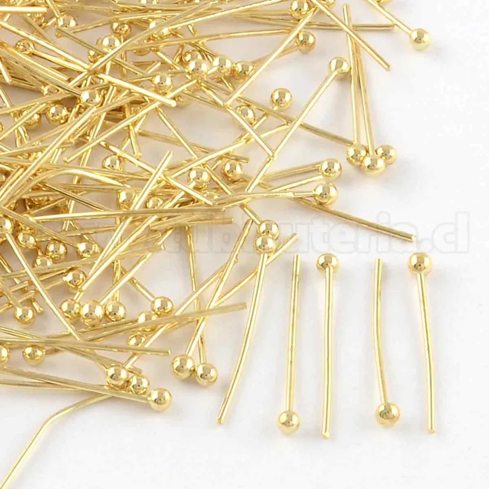 Pasador, alfiler o vástago de bola, 30×0.7 mm, Latón, color dorado, cabeza 2 mm. TuBisuteria®