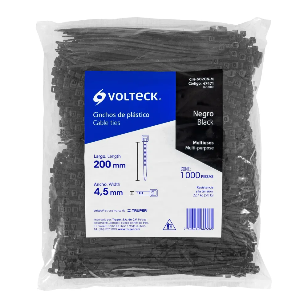 Bolsa con 1000 cinchos plásticos 50 lb, 200x4.5 mm, negros Volteck