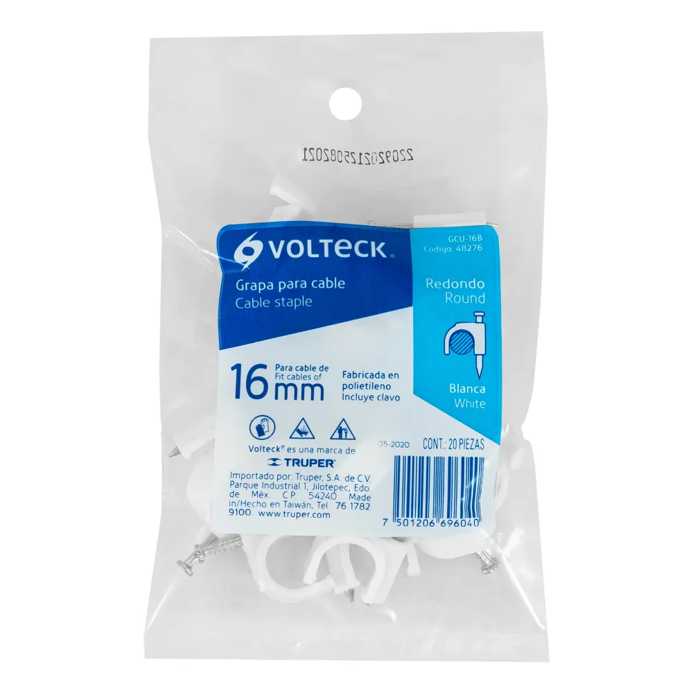 Bolsa con 20 grapas blancas de 16 mm para cable redondo Volteck