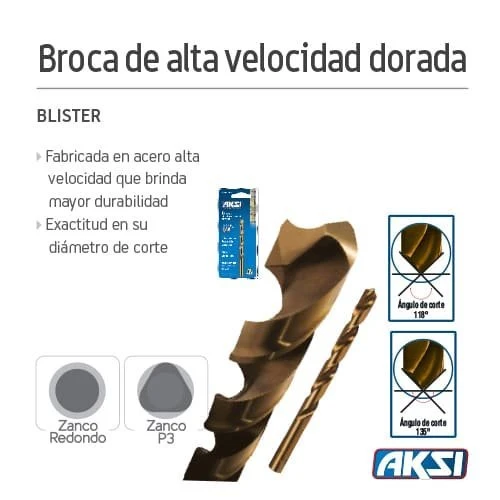 Broca de alta velocidad dorada, en blister Aksi