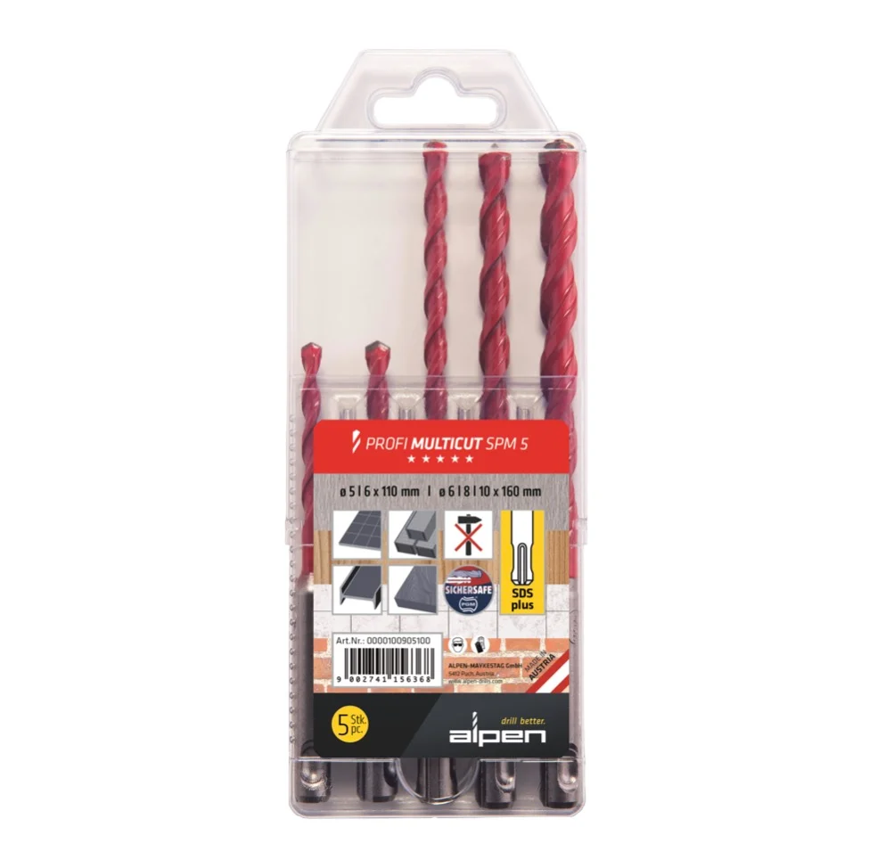 Alpen Profi Multicut SPM Juego de brocas multiusos de carburo de 5 piezas 5 - 10 mm Certificación SDS Plus PGM