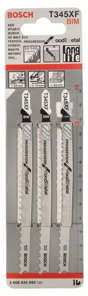Hoja de sierra de calar BOSCH T 345 XF Progressor para madera y metal L.132mm paso de diente 2.4-5mm ( 8000346044 )