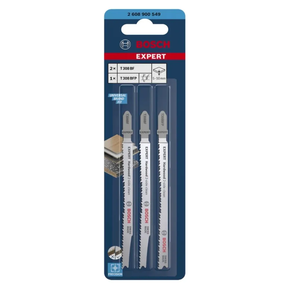 Bosch EXPERT Hardwood 2 side clean T 308 BF / BFP juego de hojas de sierra de calar 117 mm 3 piezas (2608900549) bimetálic...