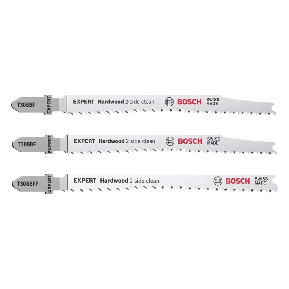 Bosch EXPERT Hardwood 2 side clean T 308 BF / BFP juego de hojas de sierra de calar 117 mm 3 piezas (2608900549) bimetálic...