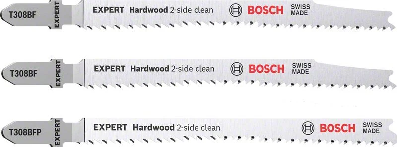 Bosch EXPERT Hardwood 2 side clean T 308 BF / BFP juego de hojas de sierra de calar 117 mm 3 piezas (2608900549) bimetálic...