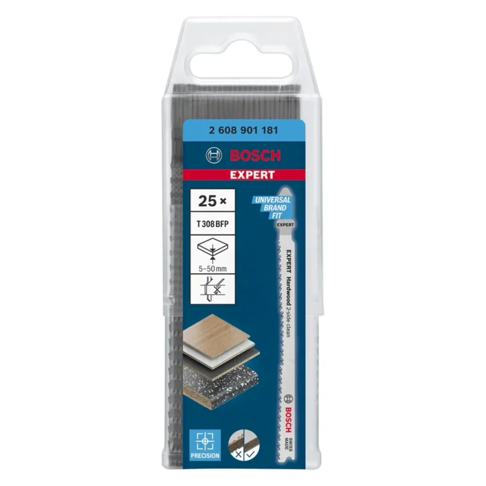 Bosch EXPERT Hardwood 2 side clean T 308 BFP hoja de sierra de calar 117 mm 25 piezas (2608901181) bimetálica Bosch Profes...