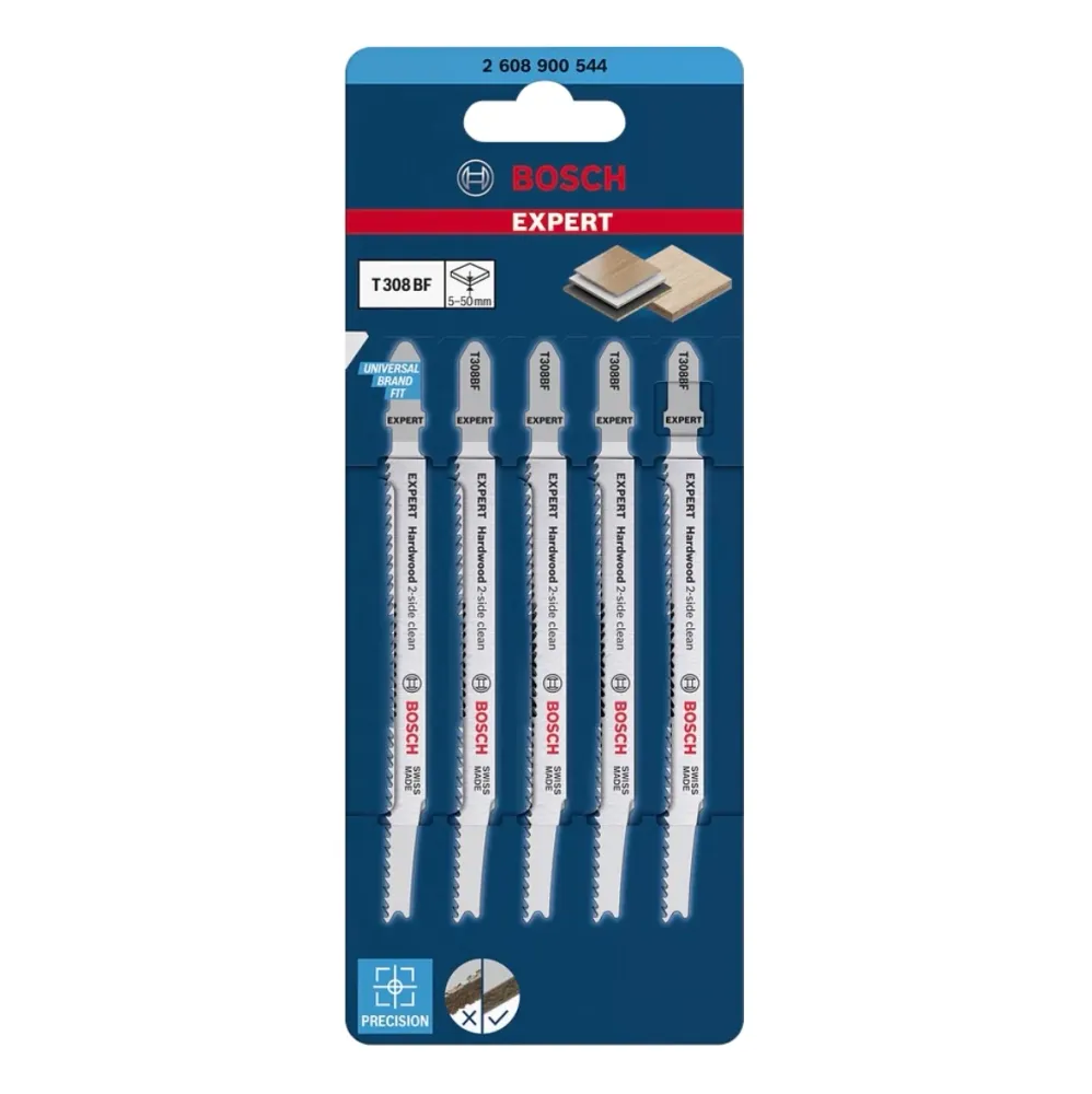 Bosch EXPERT Hardwood 2 side clean T 308 BF hoja de sierra de calar 117 mm 5 piezas (2608900544) bimetálica Bosch Professi...