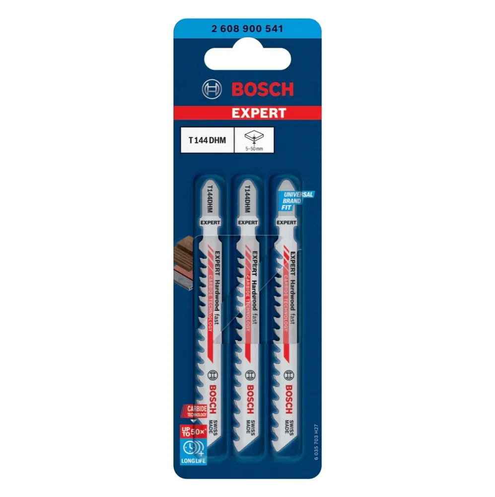 Juego de 3 hojas de sierra de calar rápidas para madera dura Bosch Expert T 144 DHM ( 2608900541 ) Tecnologí de metal duro...