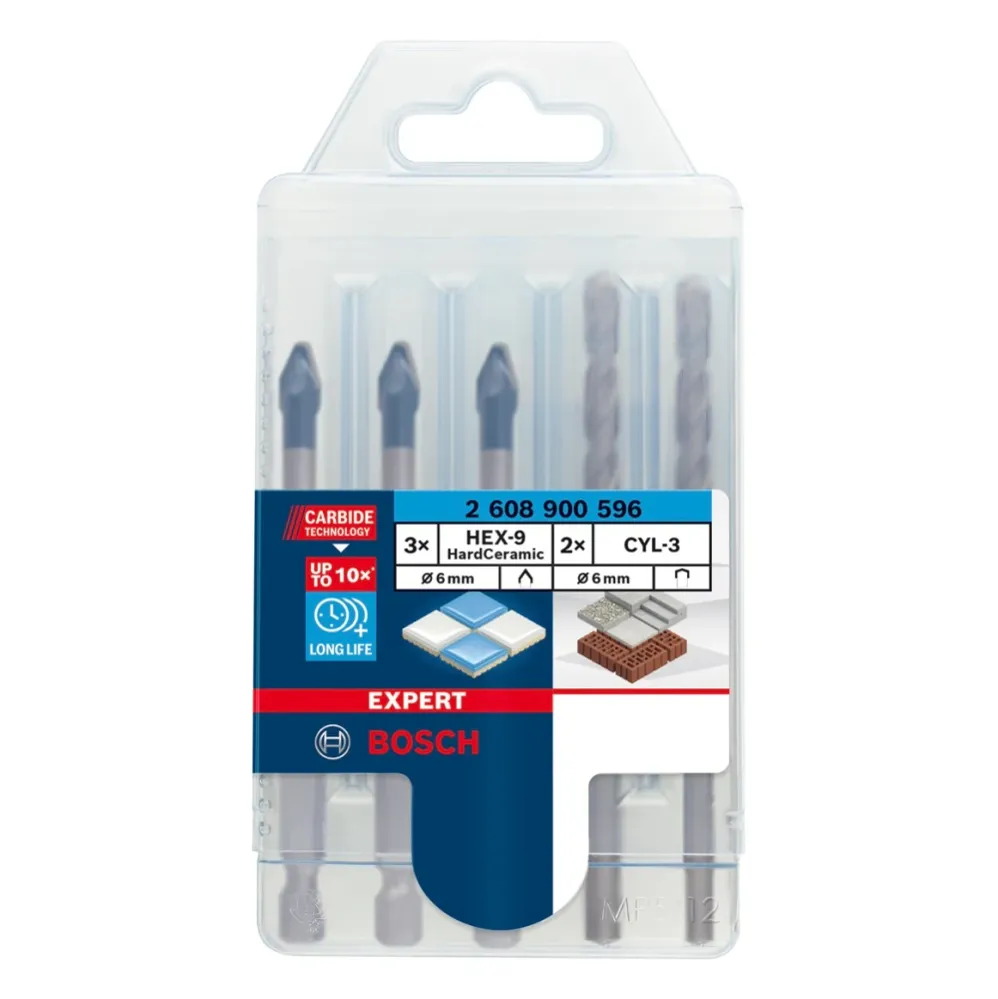 Juego mixto de brocas para cerámica dura EXPERT HEX-9 de Bosch, 6,0 mm, 5 piezas (2608900596) Tecnologí de carburo Bosch P...