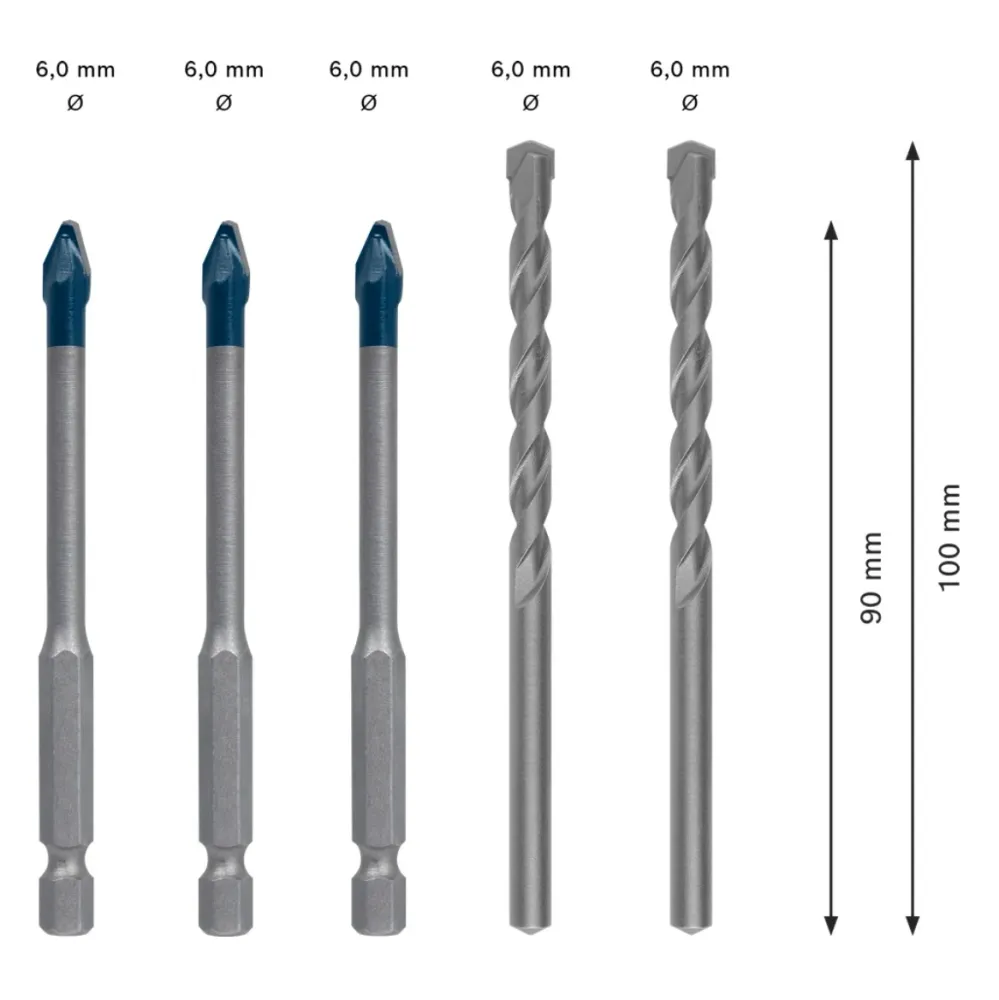 Juego mixto de brocas para cerámica dura EXPERT HEX-9 de Bosch, 6,0 mm, 5 piezas (2608900596) Tecnologí de carburo Bosch P...