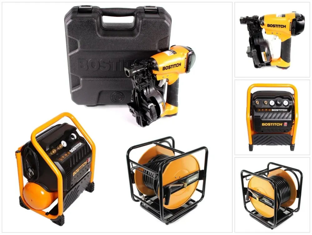 Clavadora de aire comprimido Bostitch RN46K-2-E + compresor de obra RC10SQ-E 9,4 litros + manguera de aire comprimido 30m...