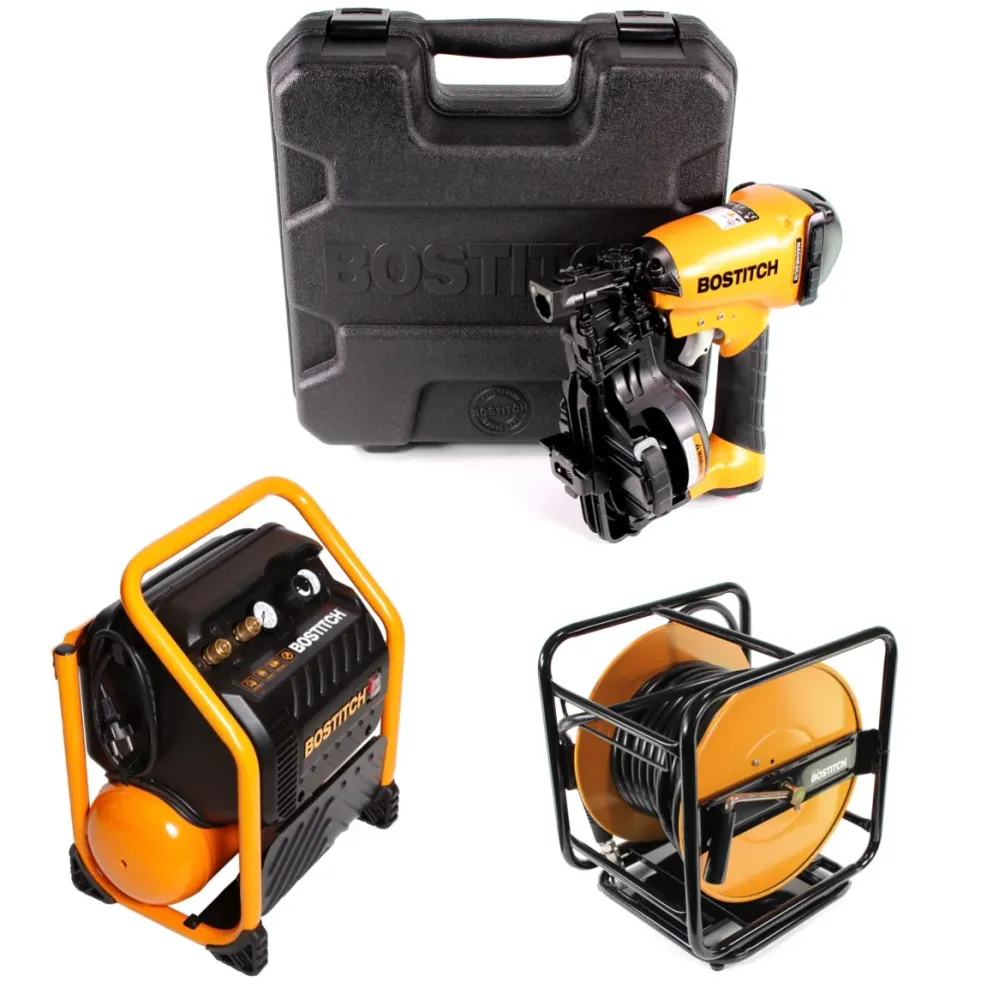 Clavadora de aire comprimido Bostitch RN46K-2-E + compresor de obra RC10SQ-E 9,4 litros + manguera de aire comprimido 30m...