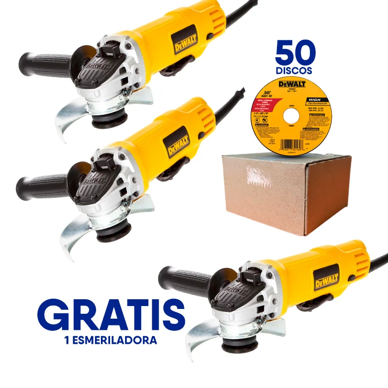 COMBO 3 ESMERILADORAS DE 4-1/2 PULG, 900 WATTS, 11,000 RPM, MAS 50 DISCOS CORTE METAL DW8062. DEWALT
