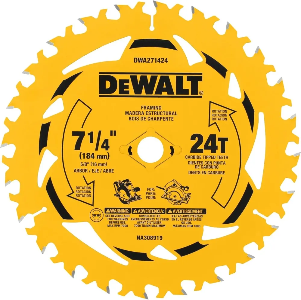 DISCO DE SIERRA, 7-1/4 PULG, EJE 5/8 PULG, 24 DIENTES DE CARBURO, PARA MADERA ESTRUCTURAL, GRANEL. DEWALT