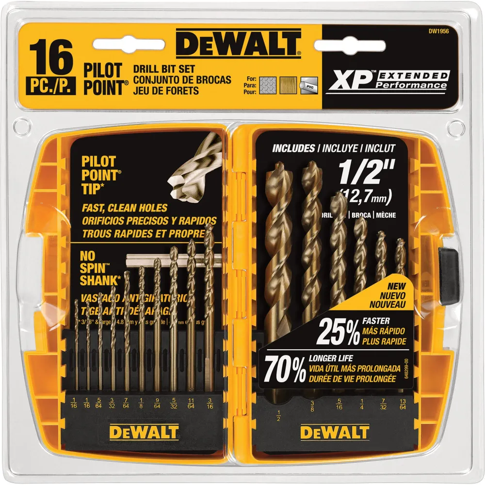(DW1956) JUEGO DE 16 BROCAS AV 1/16 - 1/2 PILOT POINT DEWALT