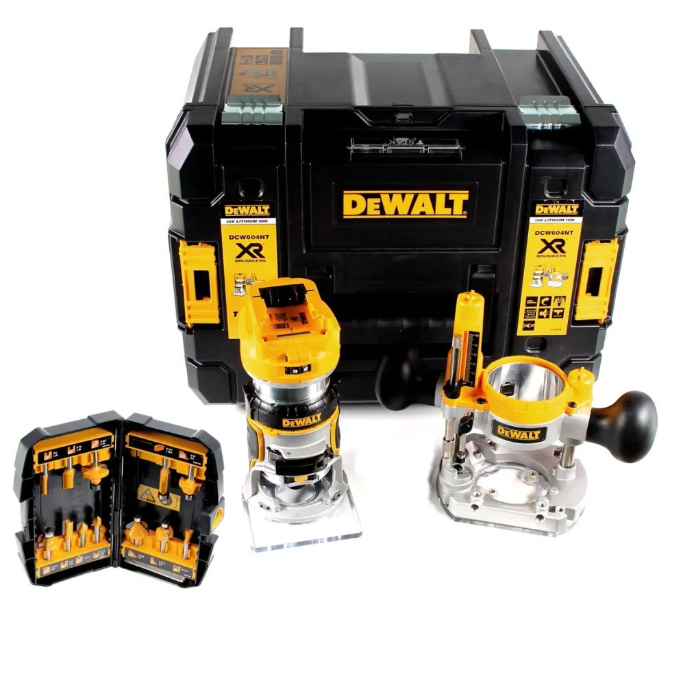 Fresadora combinada baterí DeWalt DCW 604 NT 18V 55mm + juego de fresas 12 piezas en TSTAK - sin baterí ni cargador