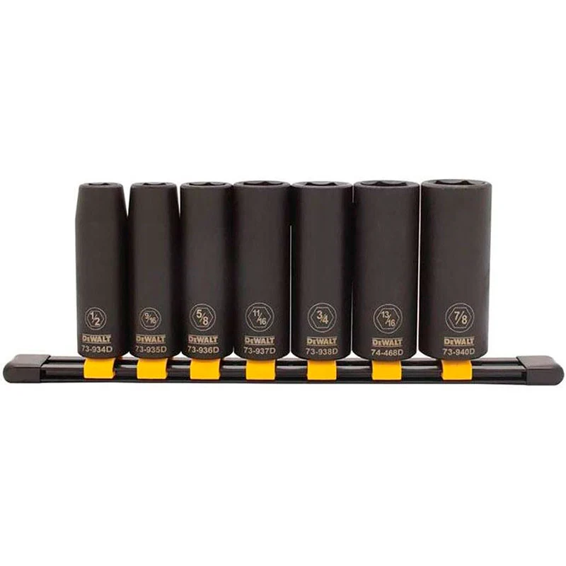 JUEGO DE 7 COPAS LARGAS DE IMPACTO EN PULGADAS RAIZ 1/2, INCLUYE 1/2, 9/16, 5/8, 11/16, 3/4, 13/16 Y 7/8 PLG. DEWALT