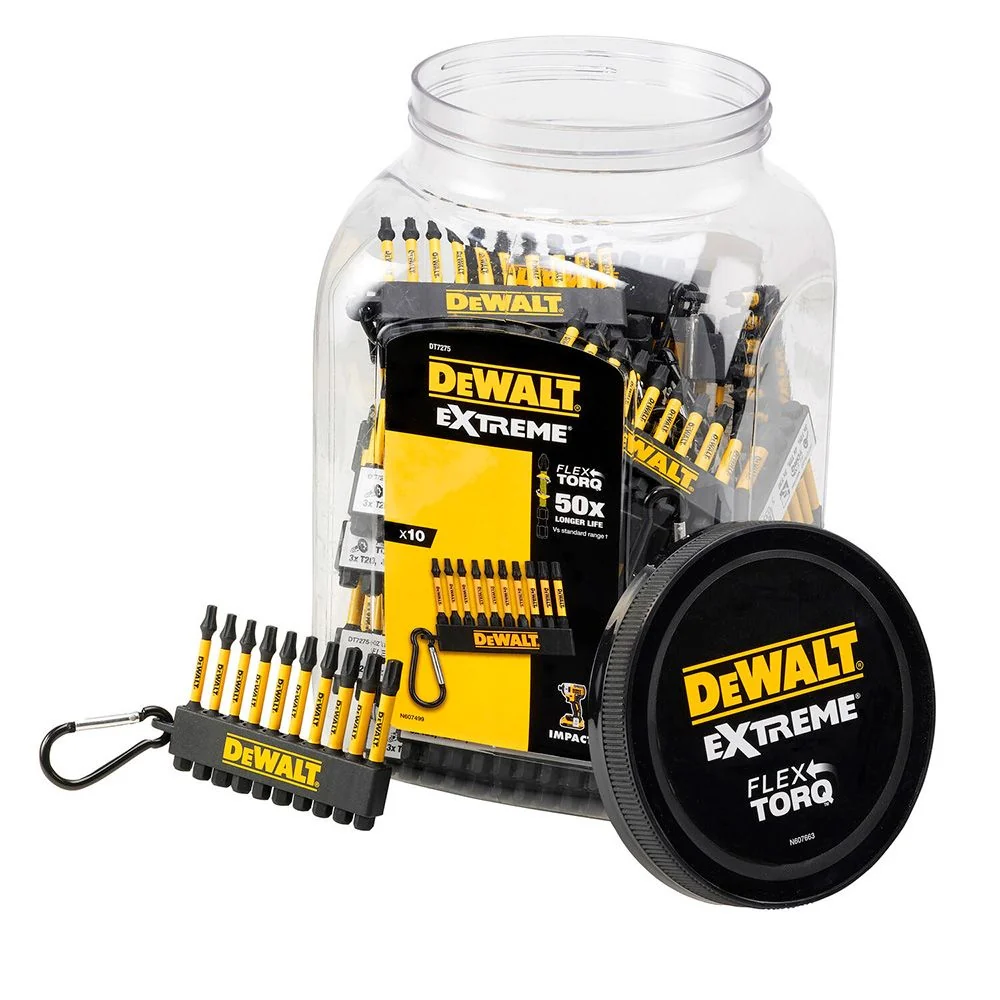 JUEGO DE 10 PUNTAS FLEXTORQ 57 mm PZ2, PZ3 Y PH2 CON MOSQUETÓN, BOTE CON 50 uds DEWALT