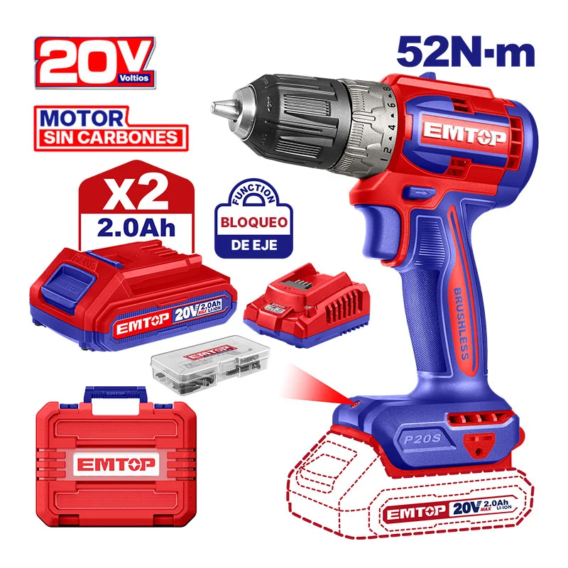 BARRENO ROTACIONAL INALAMBRICO DE 3/8, 20V, BRUSHLESS, 52NM, 2 VELOCIDADES. EMTOP