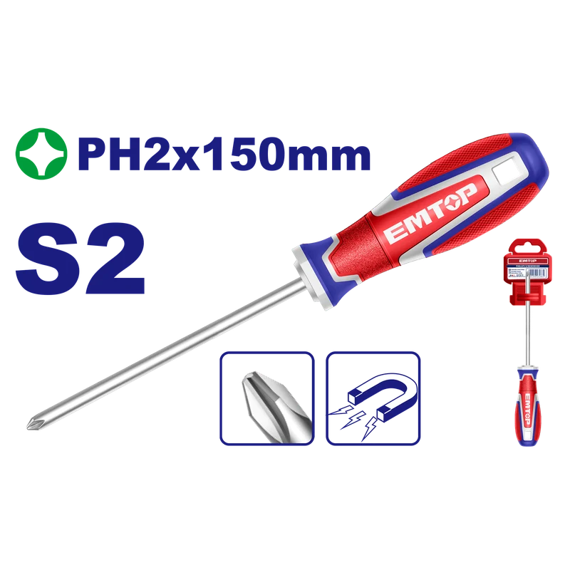 DESARMADOR PHILLIPS PUNTA MAGNETICA PH2 6 PULGADAS DE LARGO. EMTOP