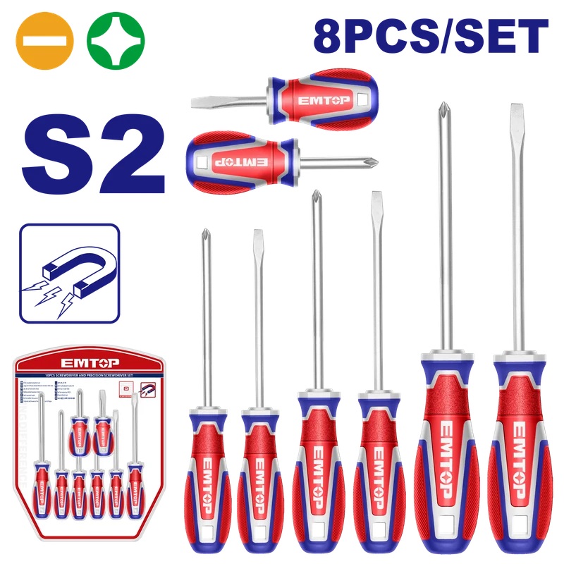 DESARMADORES PLANOS Y PHILLIPS CON PUNTA MAGNETICA, KIT DE 8, EMTOP, ESST0821