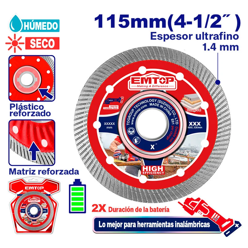 DISCO DE DIAMANTE ULTRAFINO DE 4 1/2, EJE 7/8. EMTOP.