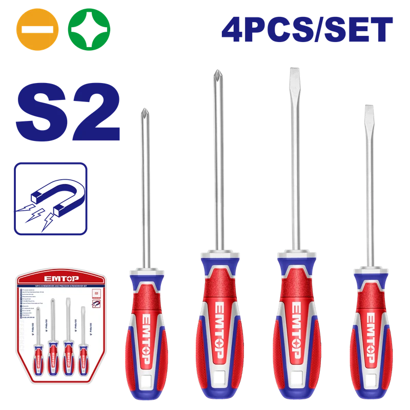 JUEGO 4 DESARMADORES MANGO ERGONOMICO 2 PLANOS Y 2 PHILLIPS PUNTA MAGNETICA. EMTOP