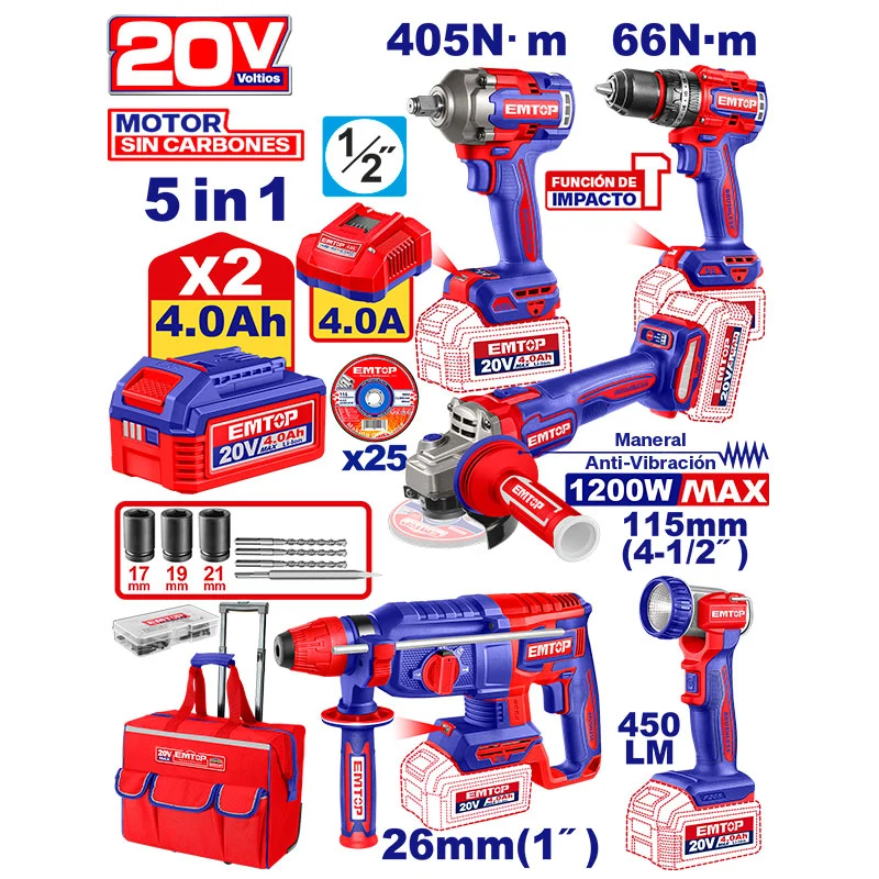 KIT INALAMBRICO 20V, ESMERILADORA 4 1/2, TALADRO 1/2, ROTOMARTILLO SDS PLUS, LLAVE DE IMPACTO 1/2 Y LAMPARA. EMTOP.