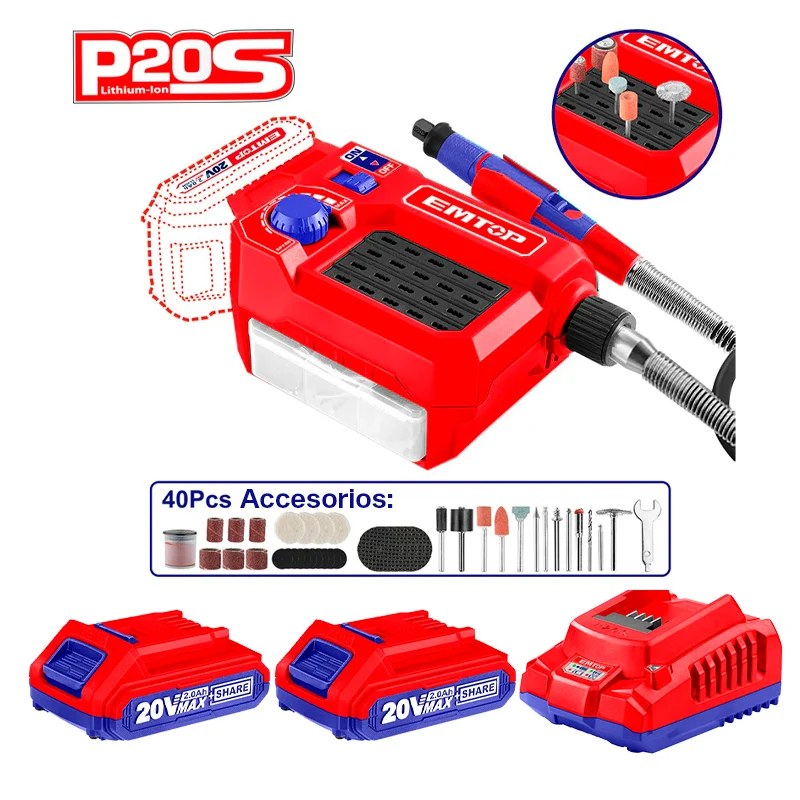 ROTO TOOL/RECTIFICADOR DE MATRICES, INALAMBRICO 20V, 5000 33000 RPM. 40PCS, CON 2 BATERIAS Y CARGADOR. EMTOP