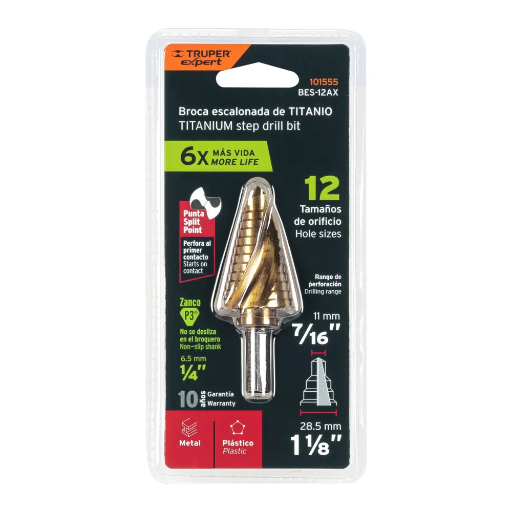 Broca escalonada titanio 12 escalones 7/16' 1-1/8', Expert 101555 BES-12AX
